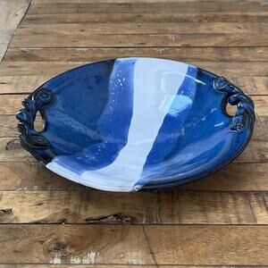 Art Studio Pottery Terracotta Serving Platter 10.25" Blue Glaze Twisted Handles